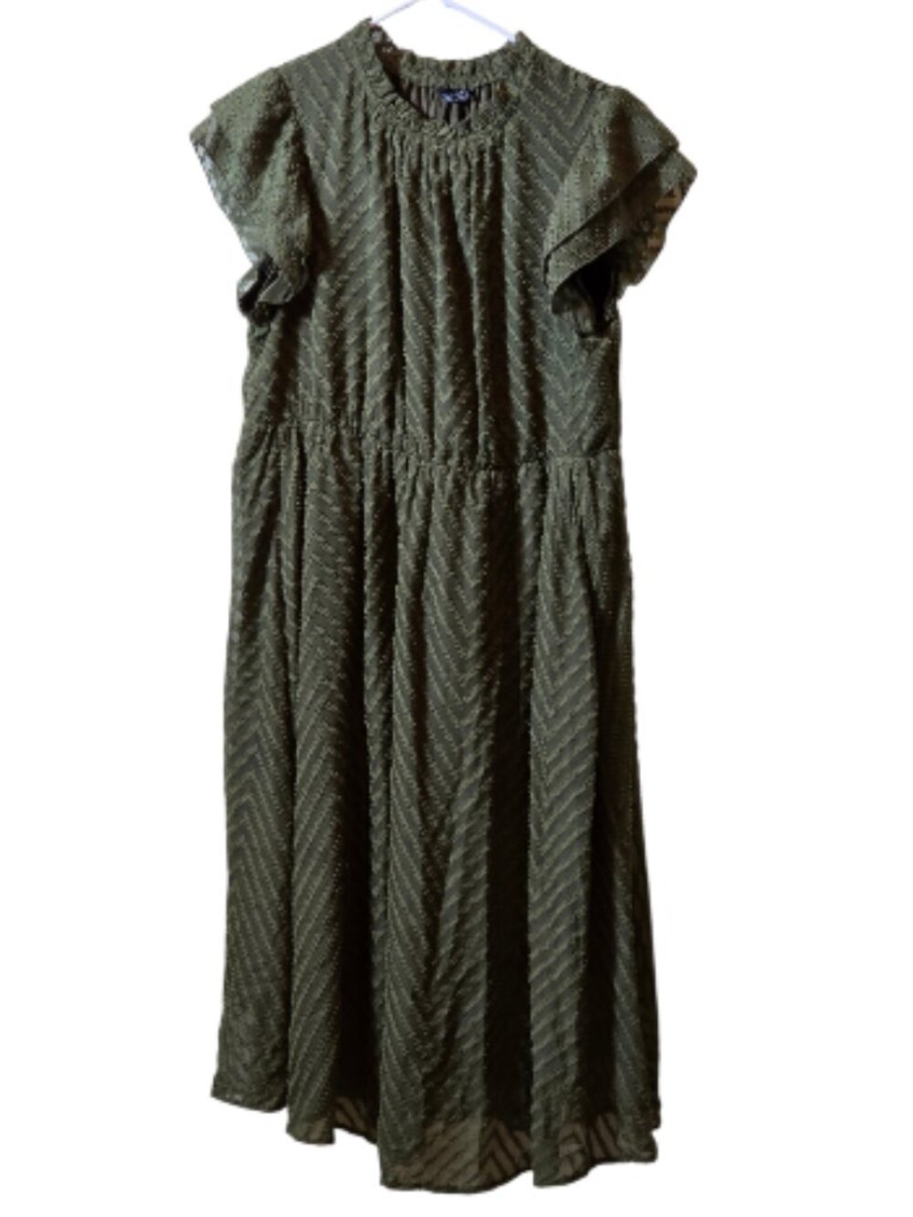 BloomChic Olive Green Swiss Dot Smocked Midi Dress Flutter Sleeve Plus 14/16